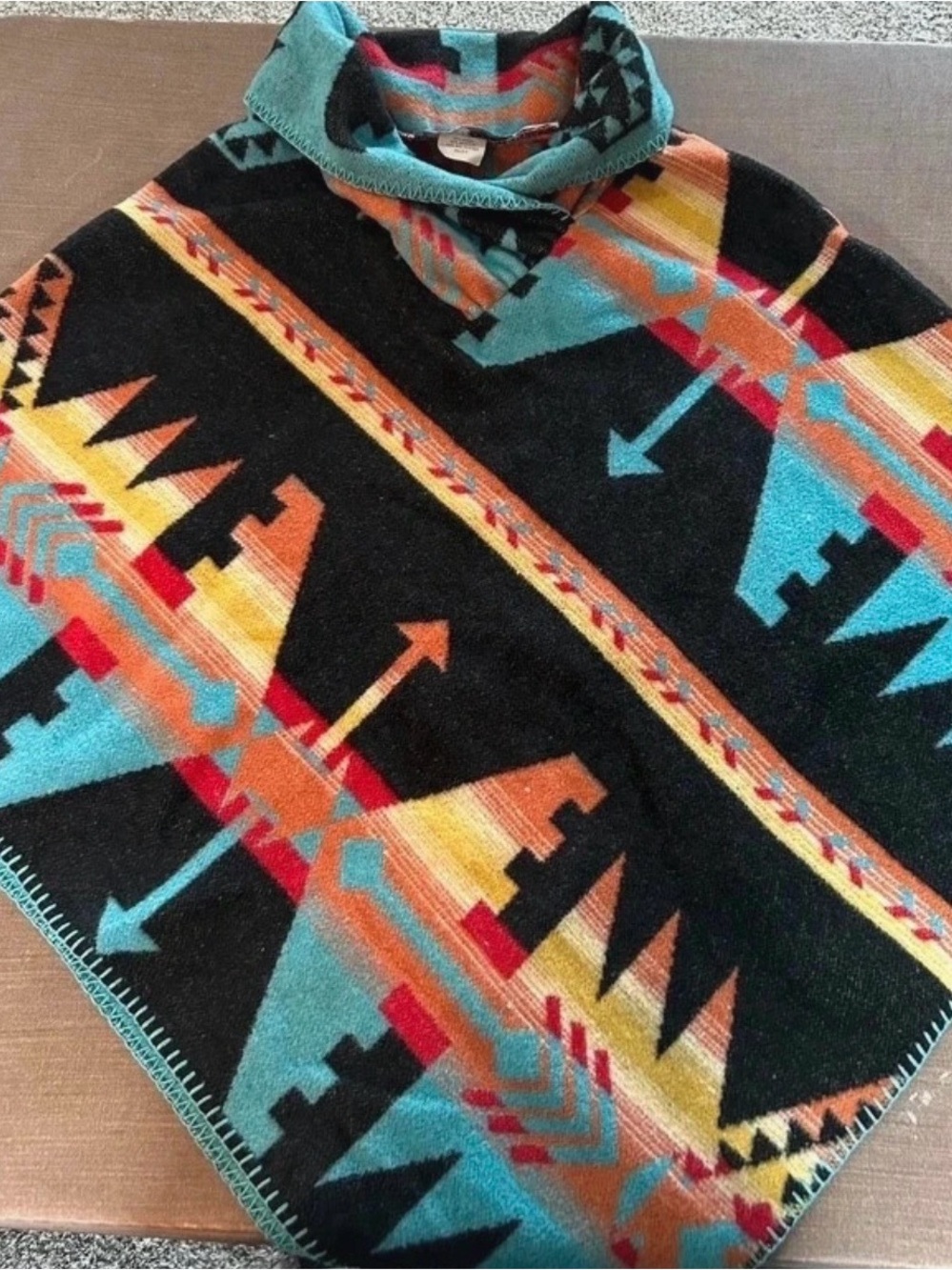 Aztec-Pattern Shawl-Collar Poncho Cape in Black with Turquoise & Orange